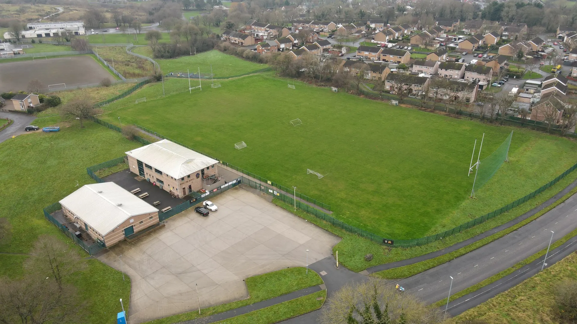 Aerial view of Pinebank, the clubhouse and main pitch